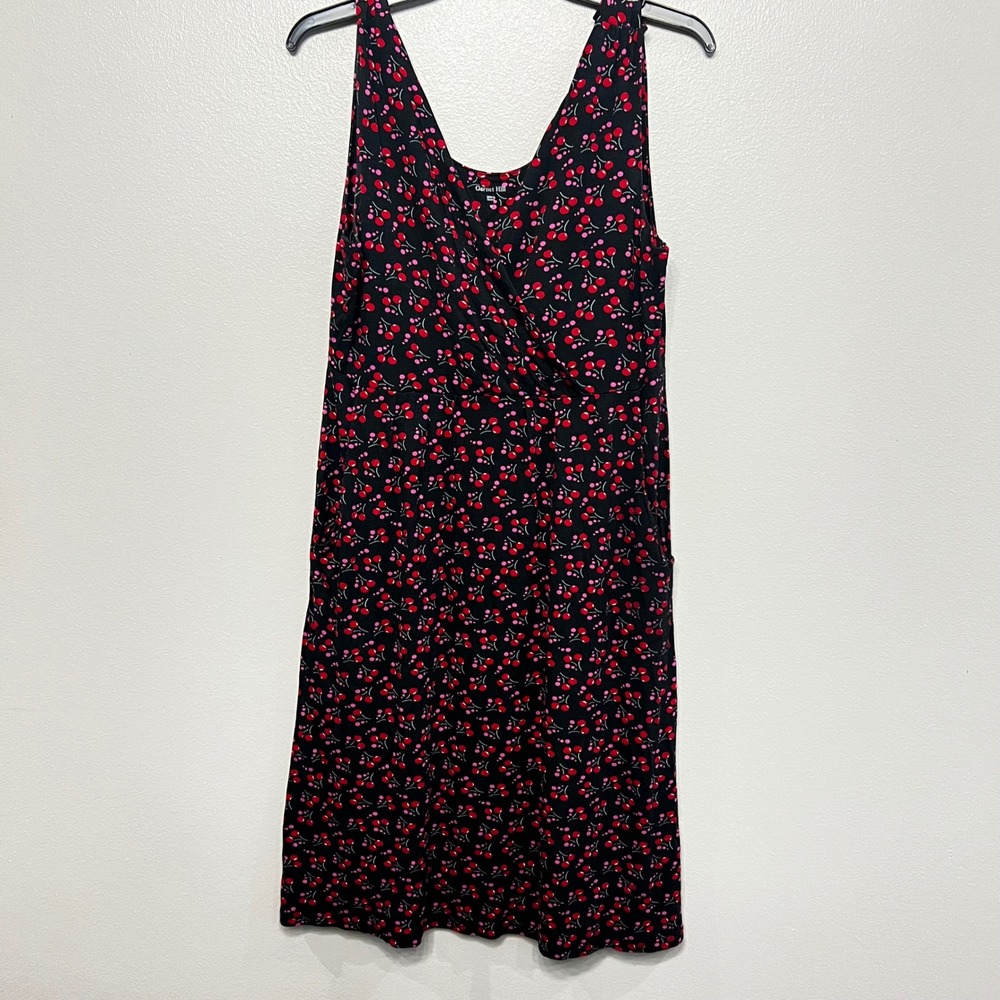 Garnet Hill Womens Black Cherry Print Surplice Knit Dress Sleeveless Pockets M